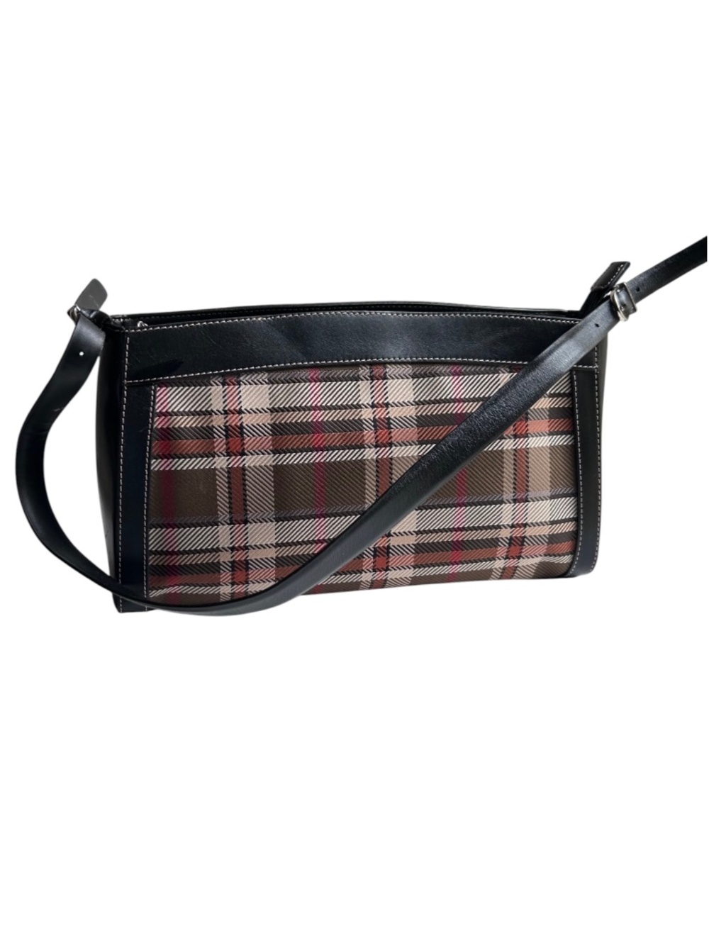 Vintage MAXX New York Plaid Fabric w/ Leather Trim Shoulder Bag *Like New*